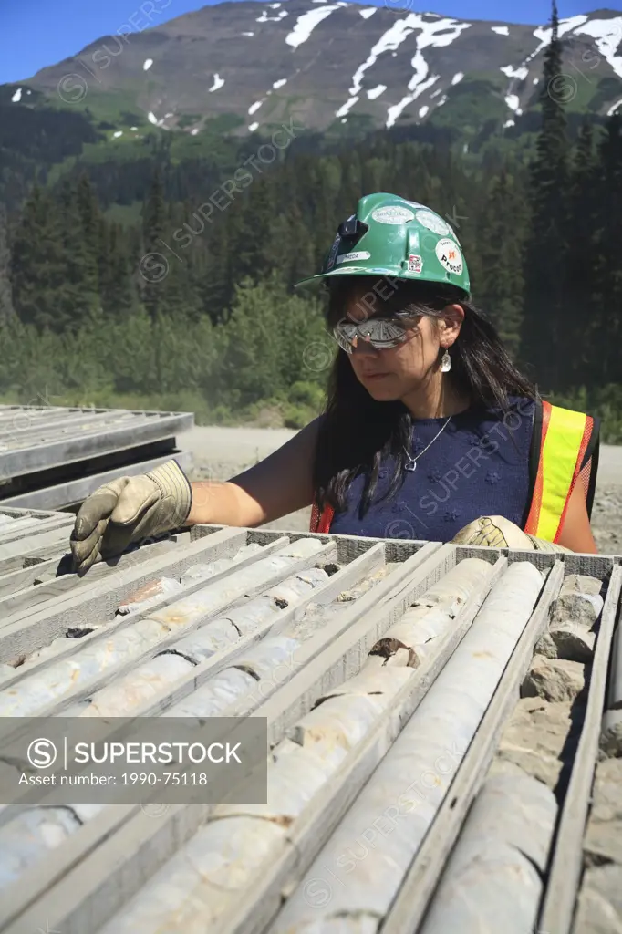 Mine worker Freda Campbell examining old drill core, Eskay Creek mine, Iskut, British Columbia