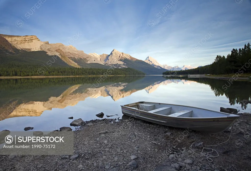 Row boat on shore at Maligne Lake, Jasper National Park, Alberta, Canada.
