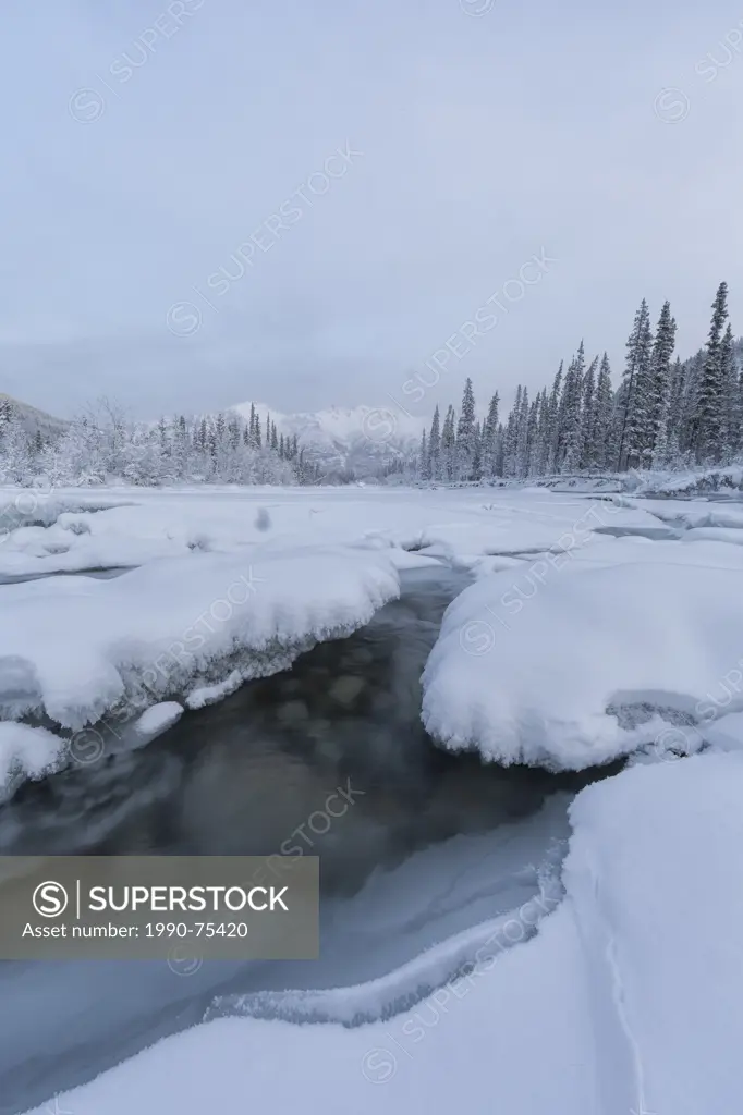 The Wheaton River freezing up in the deep cold of winter near Whitehorse, Yukon.