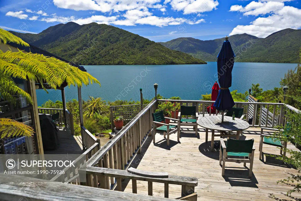 Restaurant at Punga Cove Resort in Endeavour Inlet, Queen Charlotte Sound, Marlborough, South Island, New Zealand.