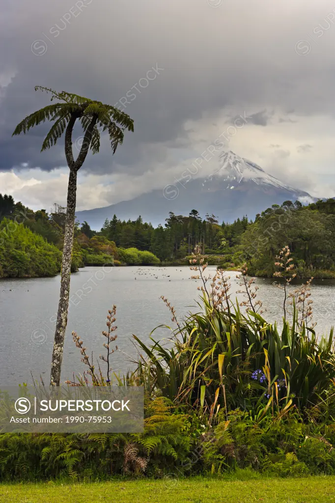 Lake Mangamahoe with Mt Egmont in the background, along State Highway 3, near Mangorei, Taranaki, North Island, New Zealand.