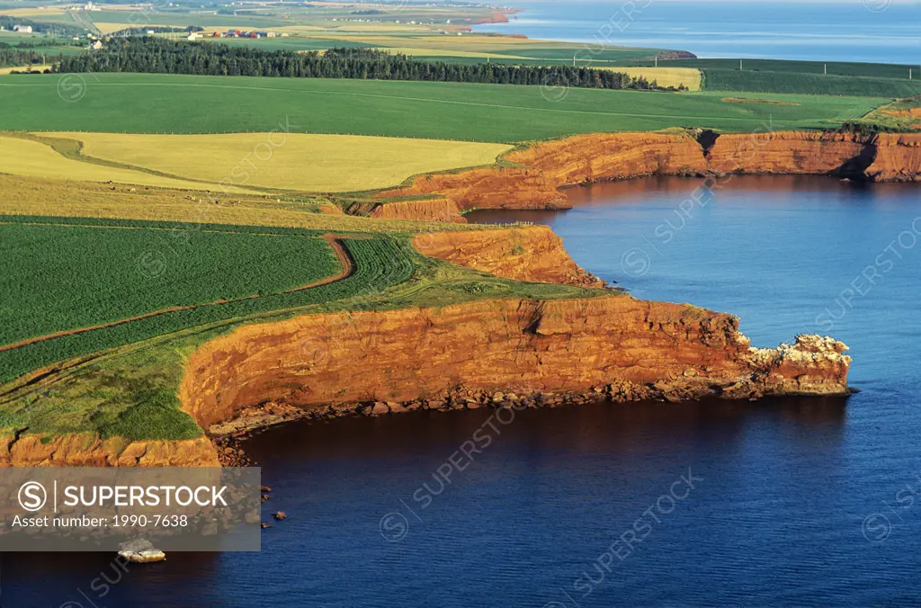 Aerial of sandstone cliffs at Cape Tryon, Prince Edward Island, Canada