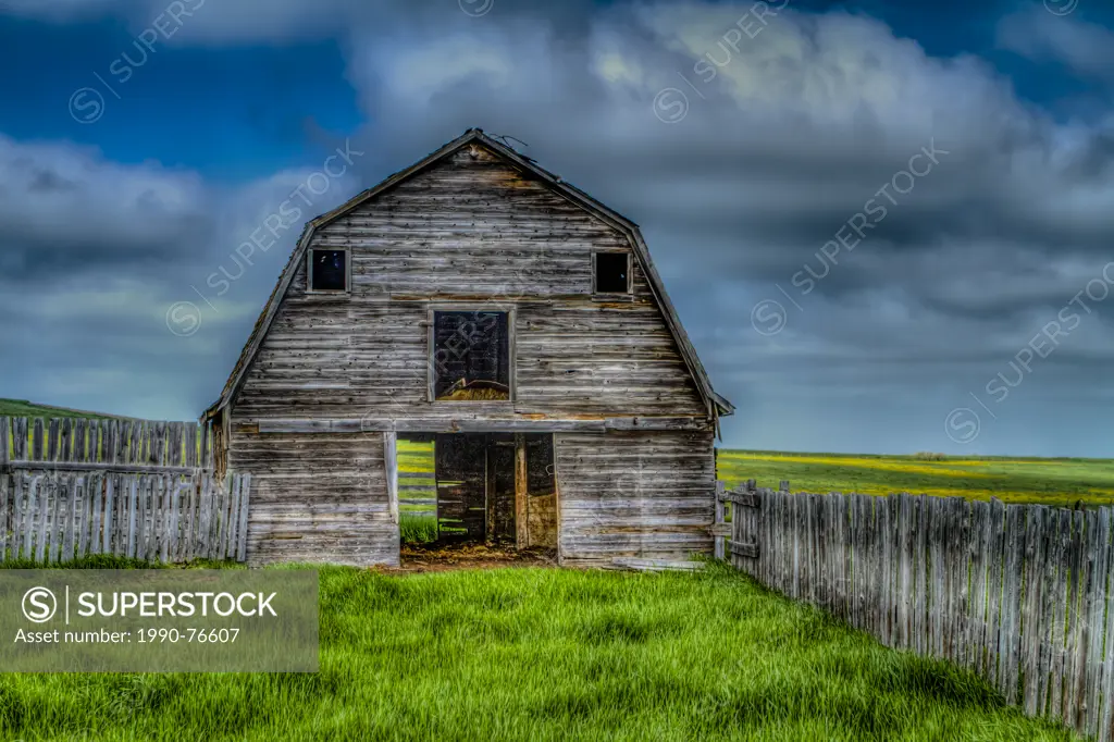Old barn alongside Alberta Highway #21 with green grass, blue sky and clouds, and fence. Near Strathmore, Alberta, Canada. HDR
