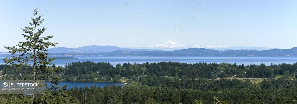 The Saanich Peninsula, Haro Strait and the San Juan Islands as seen from Little Saanich Mountain in Saanichton. Saanich, Southern Vancouver Island, Br...
