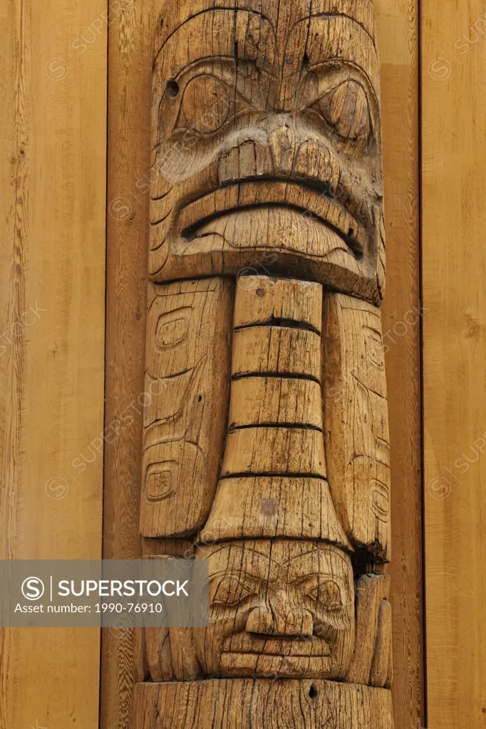 Haida pole removed from Skedans Village, now on display in the Haida Museum- featuring a Watchman, Haida Gwaii (Queen Charlotte Islands)- Skidegate, B...