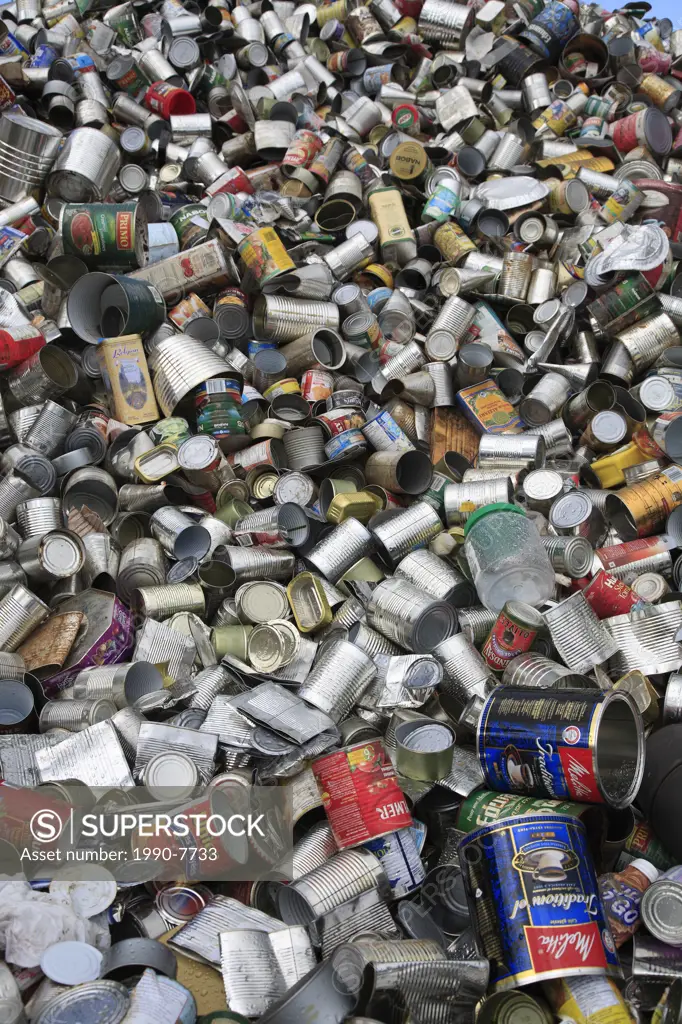 Tin cans at recycling center, Smithers, British Columbia, Canada