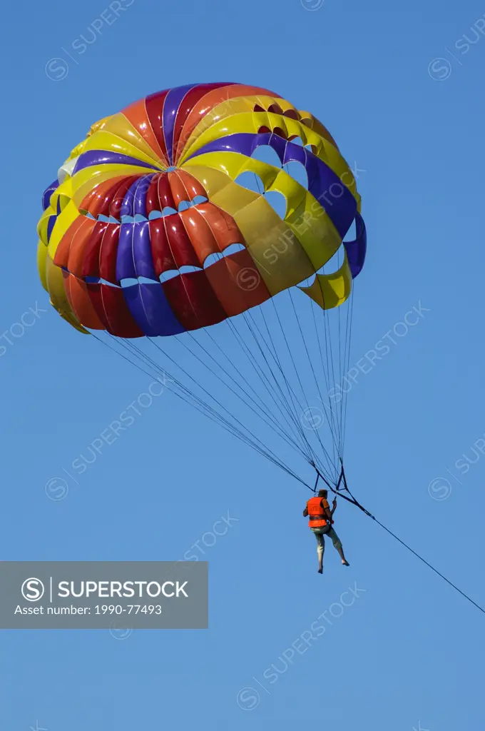 A tourist parasailing off the coast of Nha Trang in the Socialist Republic of Vietnam. No Model Release
