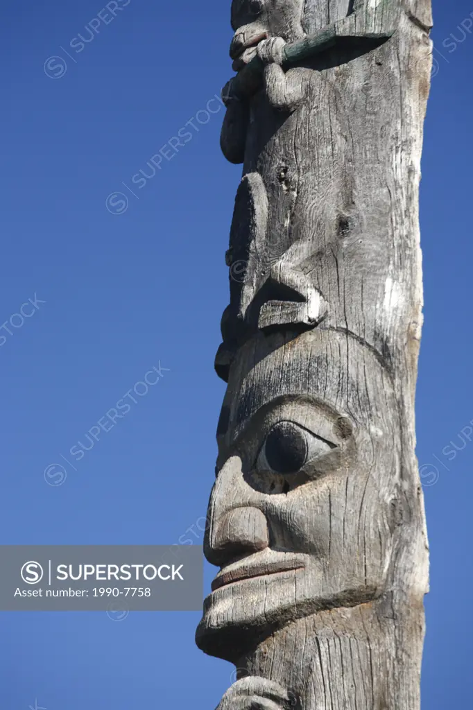 Totem pole detail at Kitwanga, British Columbia, Canada