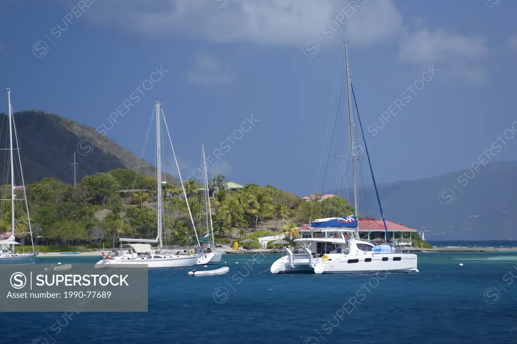 Sailboats at anchor in front of Pusser's Marina Cay, Marina Cay, British Virgin Islands