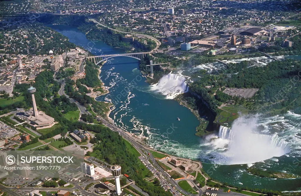 Aerial summer view of with the American Falls and adjacent Bridal Veil Falls seen in the background, and the Canadian Horseshoe Falls in the foregroun...