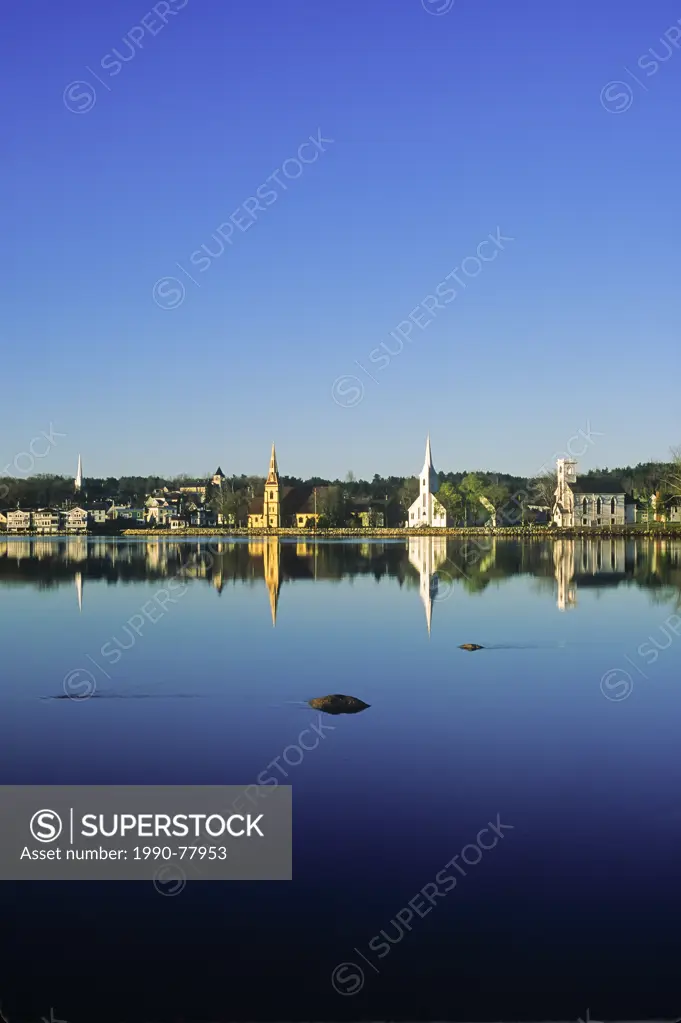 Churches reflected in waterfront, Mahone Bay, Nova Scotia, Canada