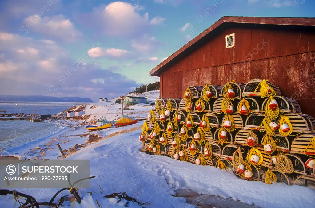 Lobster Traps in the winter time in maritime fishing village, Prince Edward Island, Canada