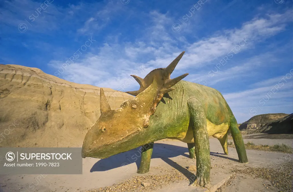 Replica of a Styracosaurus dinosaur, belonging to the ceratopsian group of horned and frilled dinosaurs, one of some 39 dinosaur species whose fossils...
