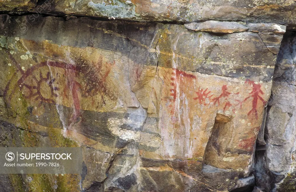 First Nation red ochre pictographs/rock paintings found on a rock face in the McIntyre Bluffs above Vaseux Lake Provincial Park in the southern Okanag...