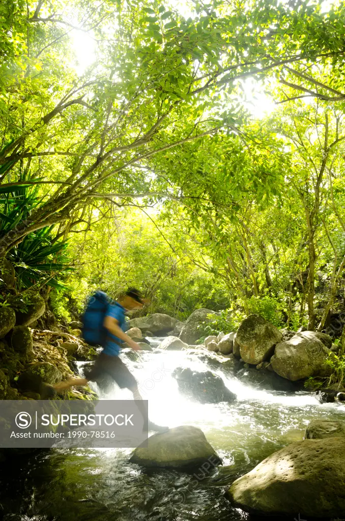 A male hiker on the Kalalau Trail, Kaua'i; crossing the main creek that runs out of the Kalalau Valley just before the camping area