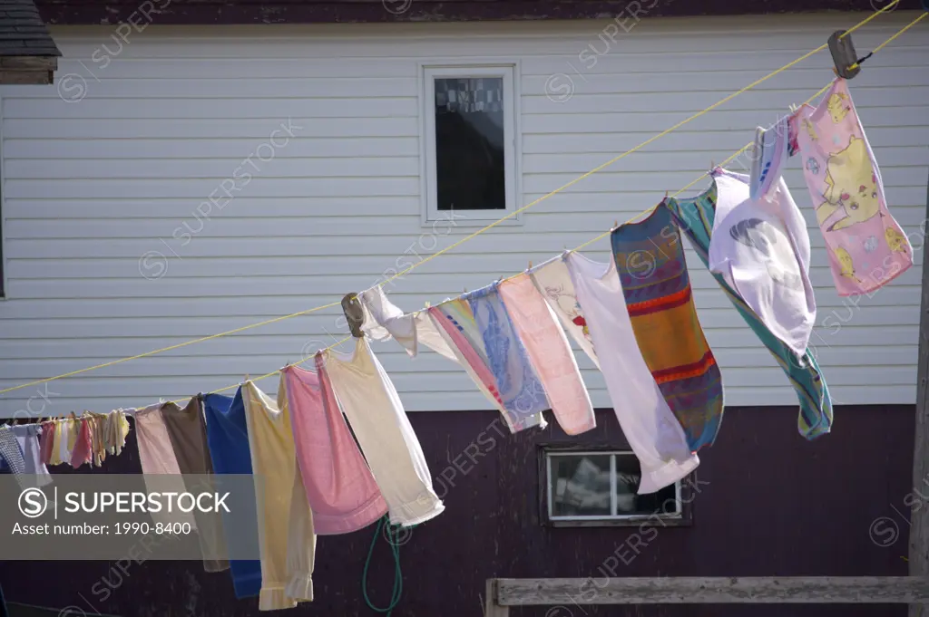 Clothes drying the good old fashioned way - on a clothes line in Conche Harbour, Conche, French Shore, Great Northern Peninsula, Viking Trail, Newfoun...