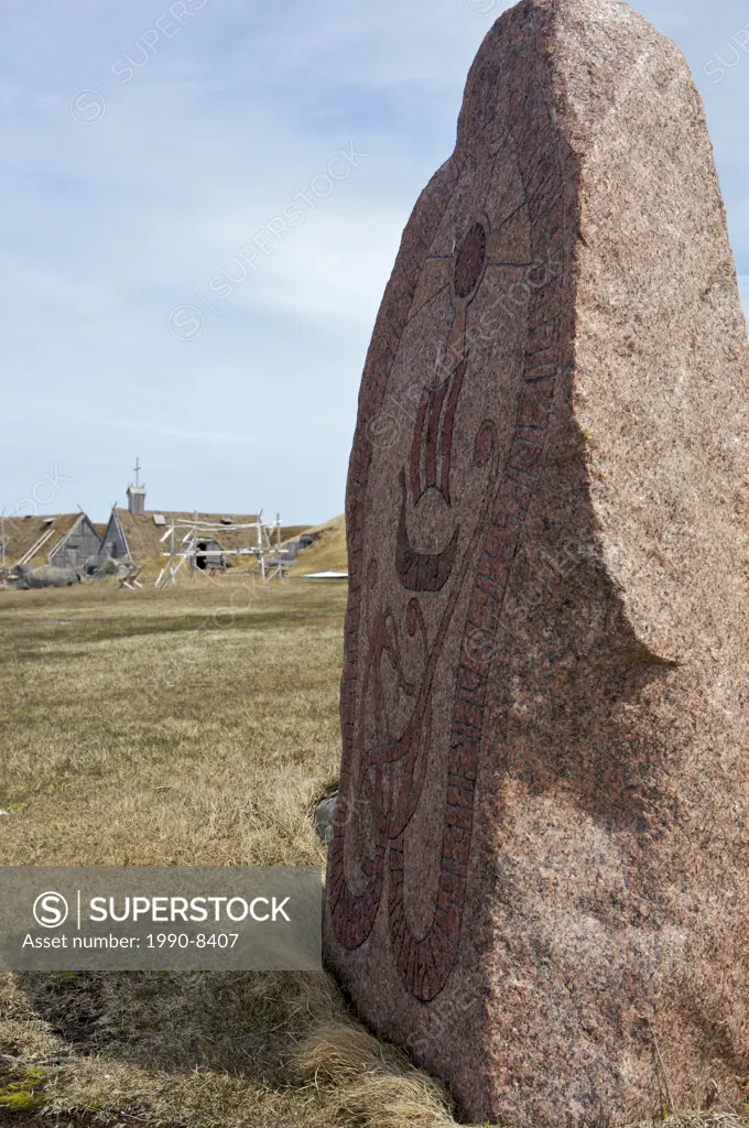 Engraved stone slab at the Norstead Viking Site, Viking Port of Trade, Trails to the Vikings, Viking Trail, Great Northern Peninsula, Newfoundland & L...