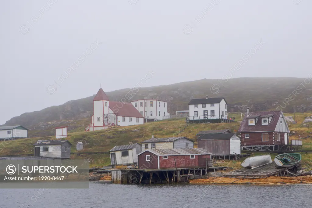 The historic fishing village of Battle Harbour situated on Battle Island at the entrance to the St Lewis Inlet seen from the ferry, Viking Trail, Sout...