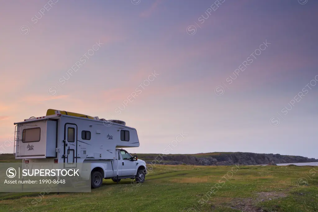 Hicker Camper parked along the coastline at Dungeon Provincial Park on the Bonavista Peninsula, at Cape Bonavista, Bonavista Bay, Discovery Trail, New...