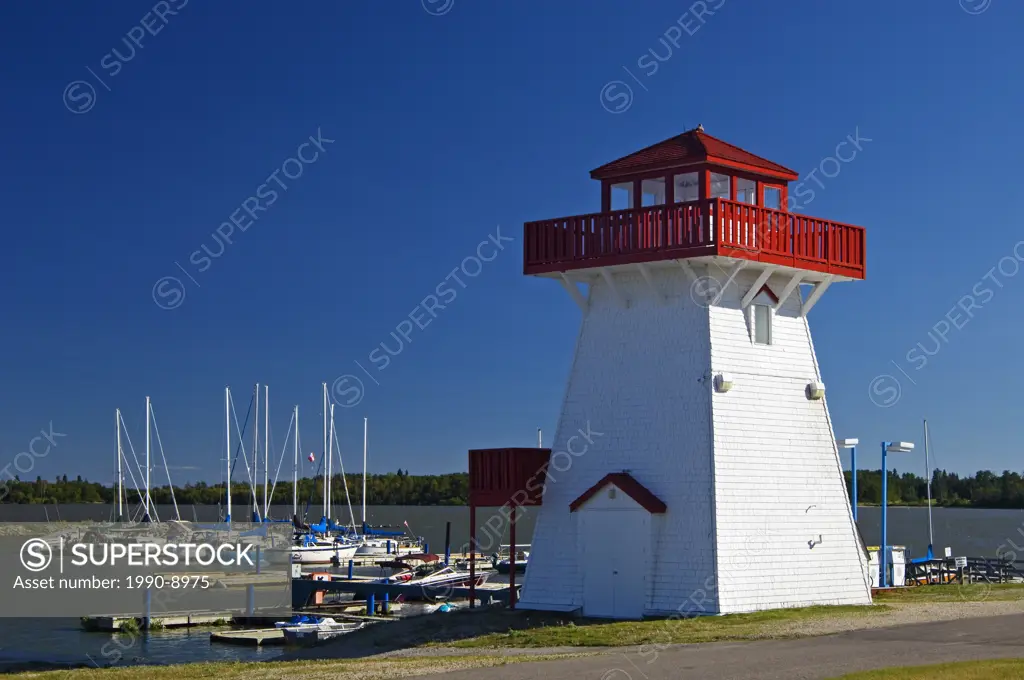 Lighthouse and marina on Lake WInnipeg, Hecla Provincial Park, Manitoba, Canada.