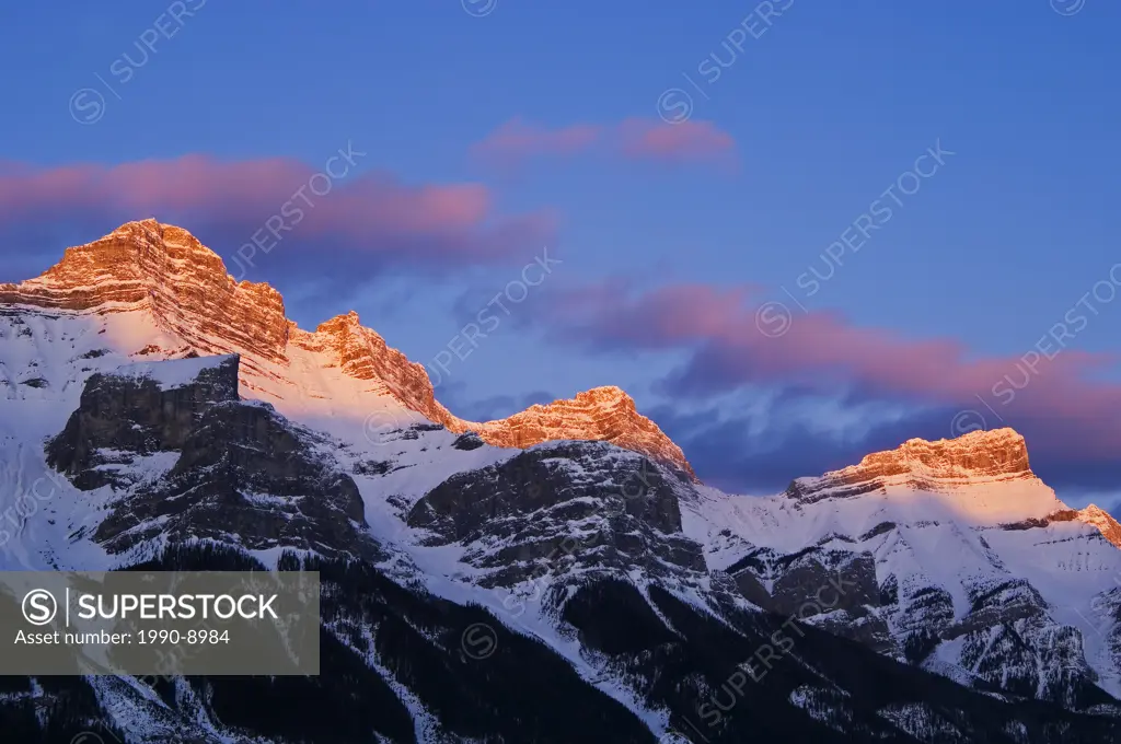 Mt Rundle peaks at sunrise, Canmore, Alberta, Canada.