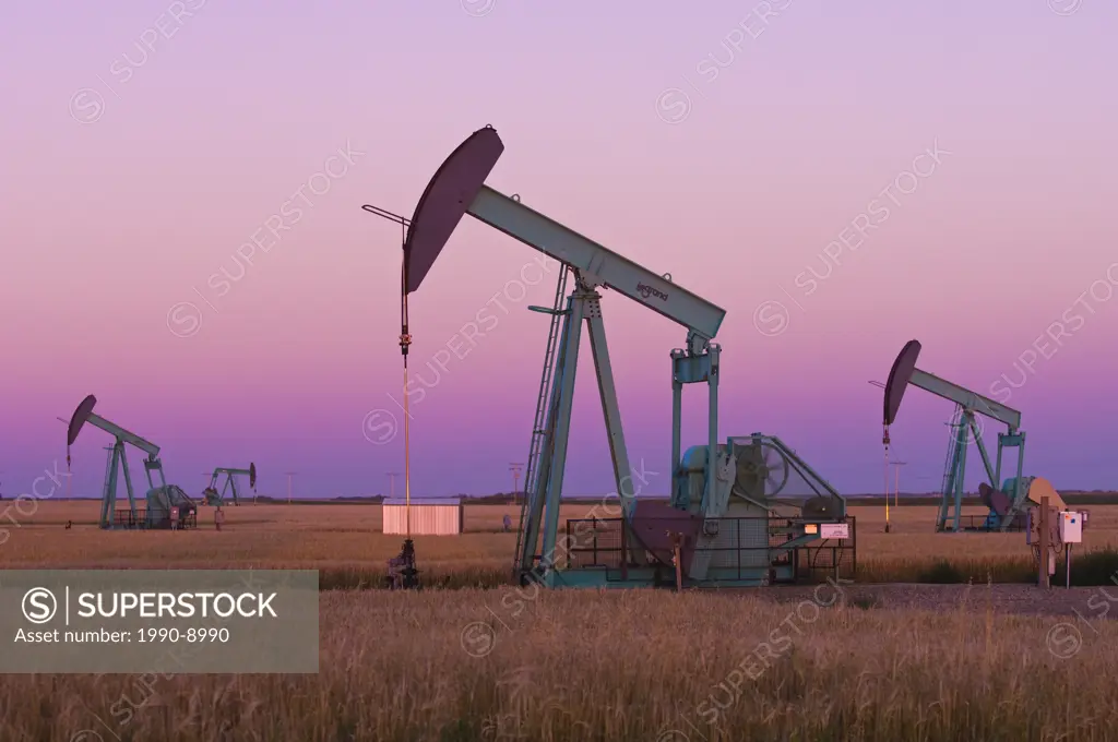 Oil pump jacks on Canadian prairie at dusk, Carlyle, Saskatchewan, Canada.