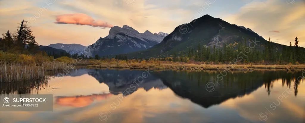 The Third Vermilion Lake with Mount Rundle and Sulphur Mountain at sunset in Banff National Park _ Alberta, Canada.