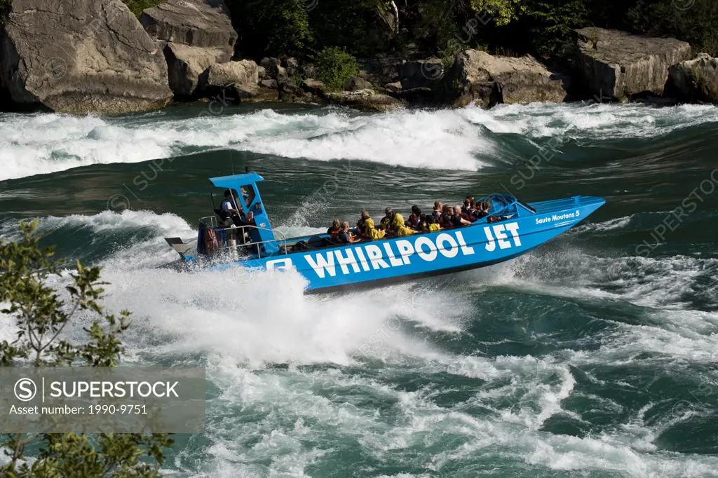 Whirlpool Jet Boat tour on Niagara River in Niagara Gorge, Niagara Falls, Ontario, Canada.