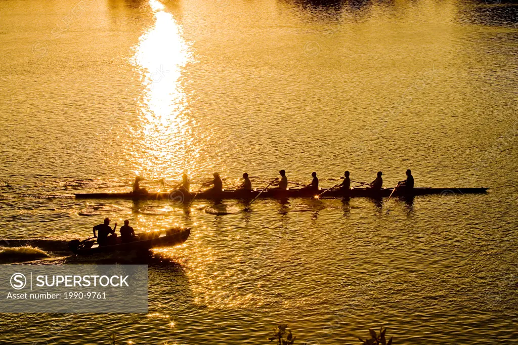 Rowing crew trains at Royal Canadian Henley Regatta Course, on Twelve Mile Creek, St. Catherines, Ontario, Canada.