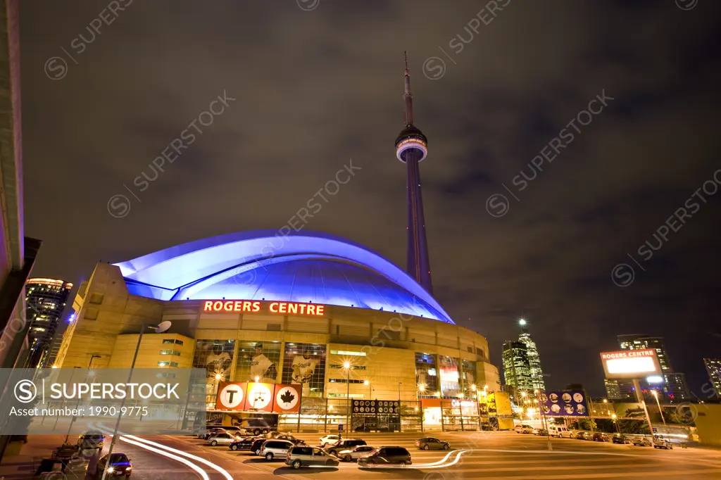 Rogers Centre and CN Tower at night, Toronto, Ontario.