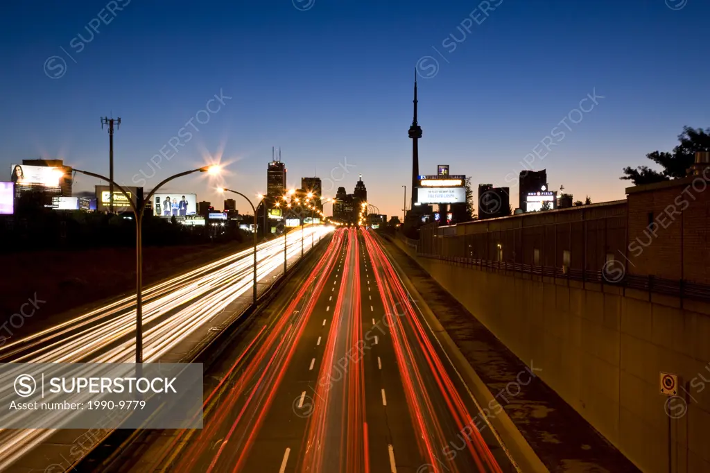 Toronto skyline and QEW in morning, Toronto, Ontario, Canada.