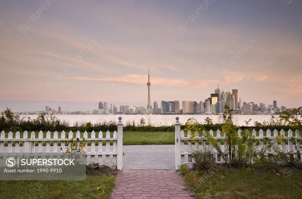 View of Toronto at dawn from Algonquin Island, Toronto Islands Park, Toronto, Ontario, Canada.