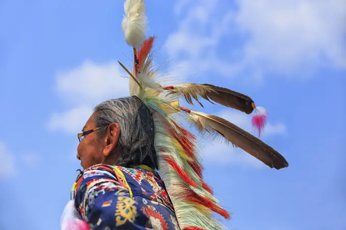 First Nations Elder in traditional headdress, Winnipeg, Manitoba, Canada