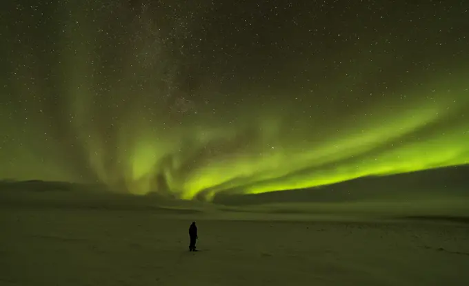 A person standing in the snow under the Aurora Borealis or Northern Lights in the northern Yukon.
