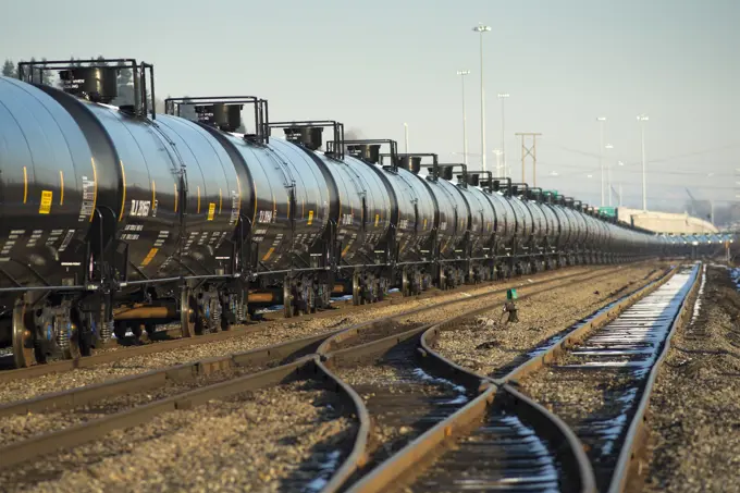 Crude oil rail cars sitting on tracks in Coquitlam, BC, Canada.