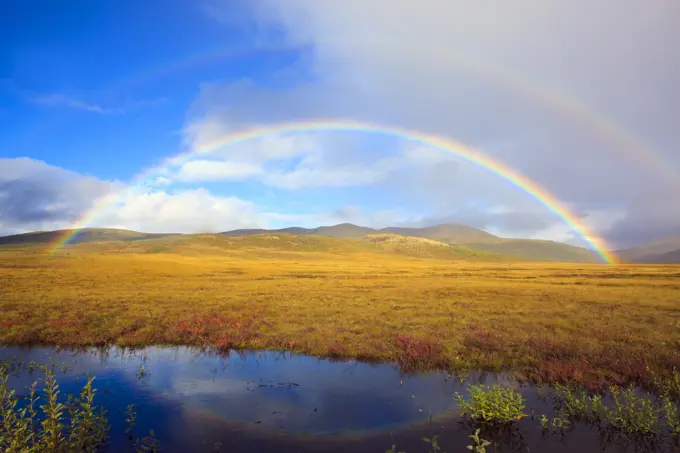 Spectacular rainbow over the Richardson Mountains and the northern tundra along the Dempster Highway, Yukon, Canada