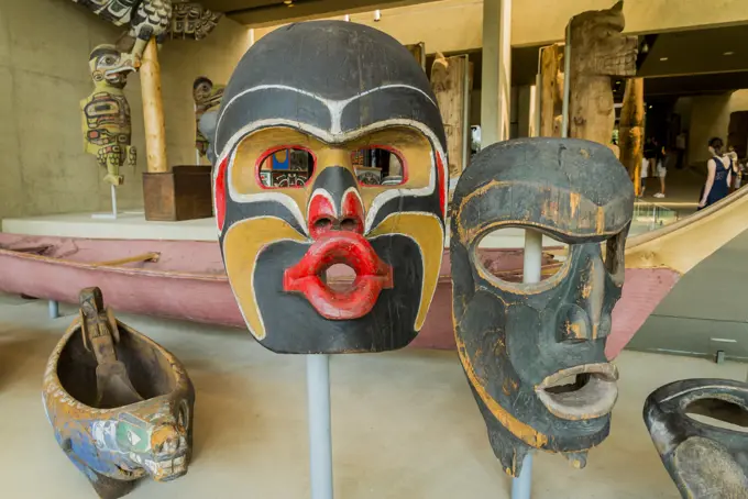 First Nations carved masks, MOA, Museum of Anthropology, University of British Columbia, Vancouver, British Columbia, Canada