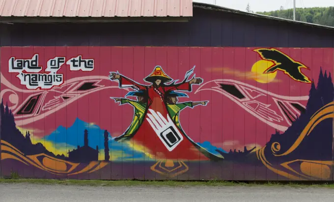 Modern mural of the Namgis Nation, Alert Bay, Cormorant Island, Vancouver Island, British Columbia, Canada