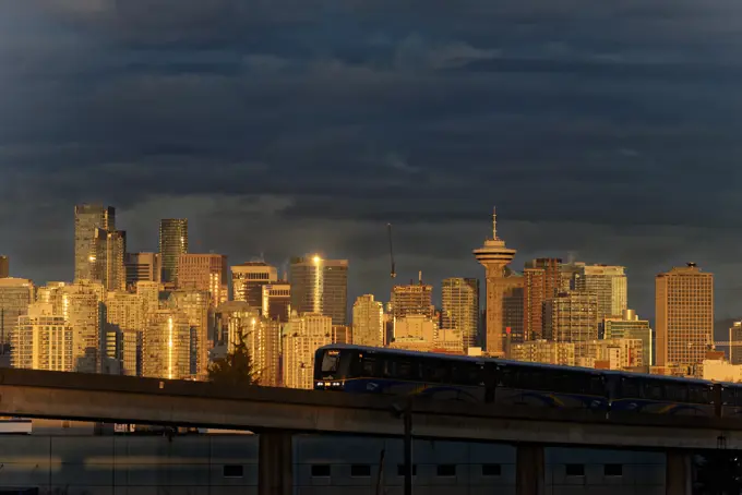 City skyline with skytrain, Vancouver, British Columbia, Canada