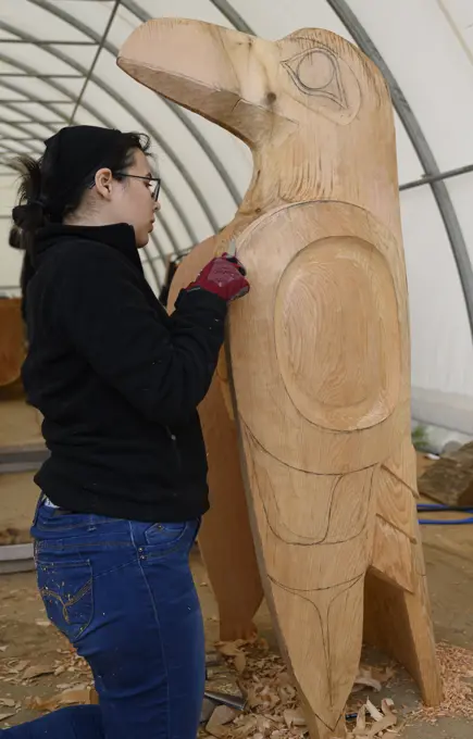 Work in progress at Jiom Hart carving shed, Haida Gwaii, Formerly known as Queen Charlotte Islands, British Columbia, Canada
