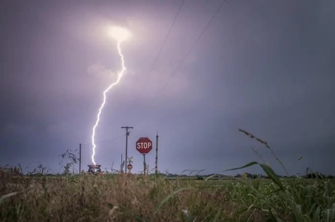 Storm with lightning strikes over a rural field in Oklahoma United States