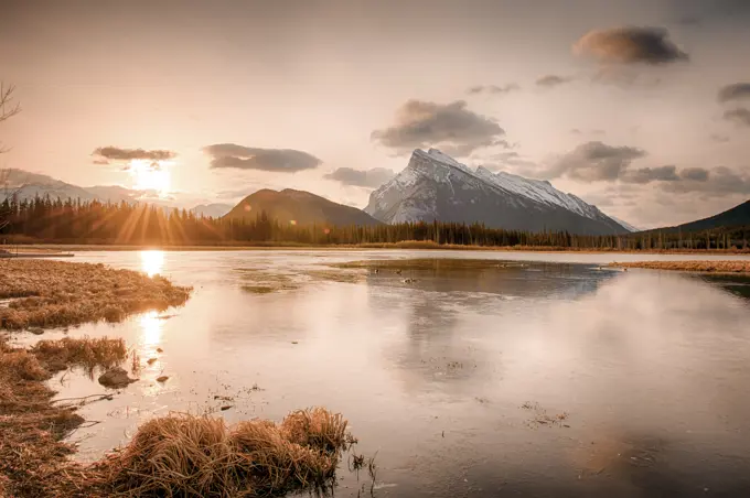 Sunset over moutnains , Mt. Rundle, Banff Alberta Canada