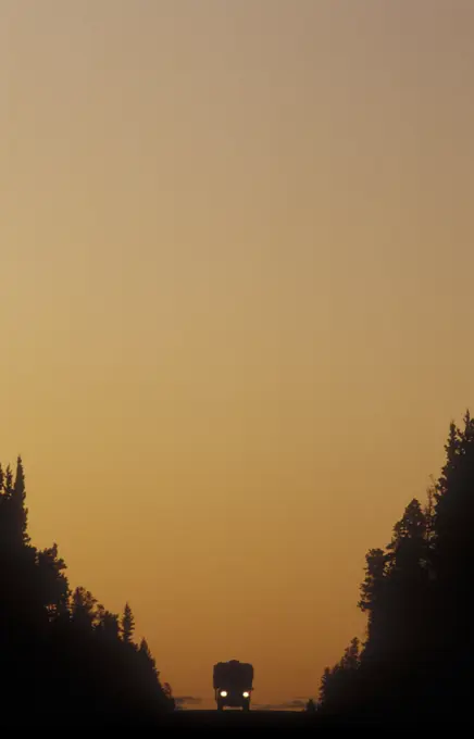 RV camper at sunset, Highway 20, Chilcotin region, British Columbia, Canada