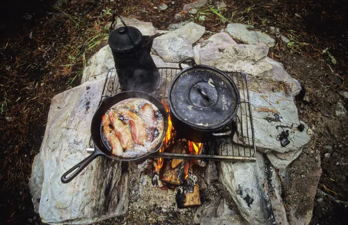 Cooking over a backcountry campfire, British Columbia, Canada