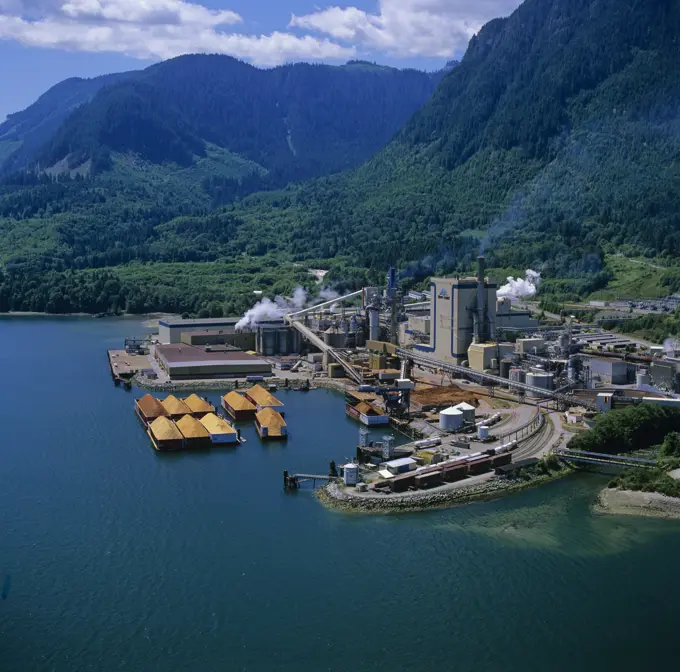 Aerial of pulp and paper mill, Howe Sound, British Columbia, Canada