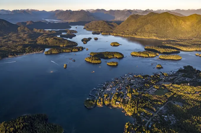 Aerial image of Tofino, Meares Island and Clayoquot Sound, Vancouver Island, BC Canada