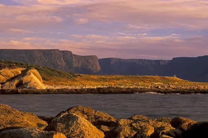 Long Range Mountains and Western Brook Pond as seen from Broom Point at dusk, Gros Morne National Park Newfoundland and Labrador, Canada.