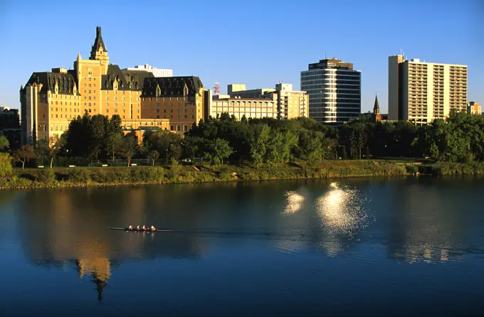 South Saskatchewan River and the Delta Bessborough hotel, Saskatoon, Saskatchewan, Canada