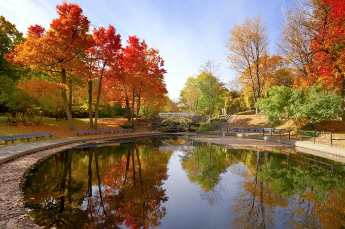 Pond in Autumn in Jean_Drapeau Park, Montreal, Quebec, Canada.