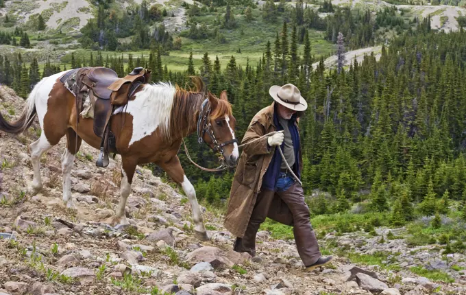 trail rider walks his horse in the Itcha Mountains in British Columbia Canada